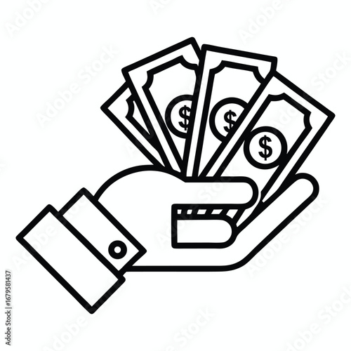 Close up of a stylized hand holding a fan of us dollar bills in a simple black and white line art illustration