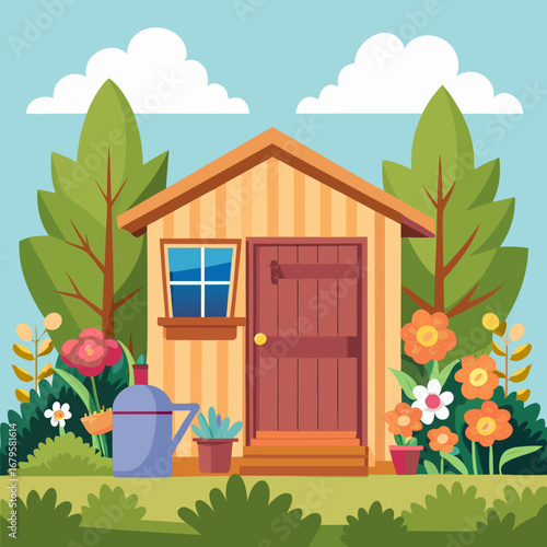 Cozy cartoon garden shed surrounded by vibrant blooming flowers and lush greenery