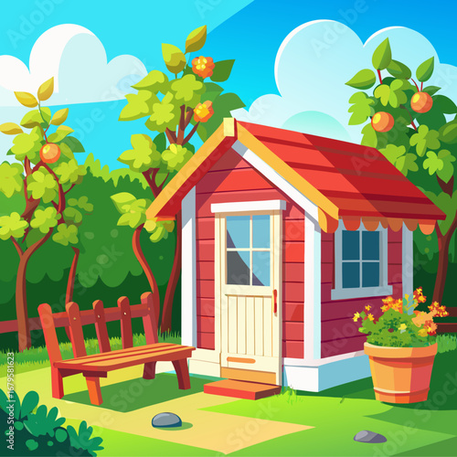 Charming cartoon garden shed with red roof and lush greenery perfect for outdoor scenes