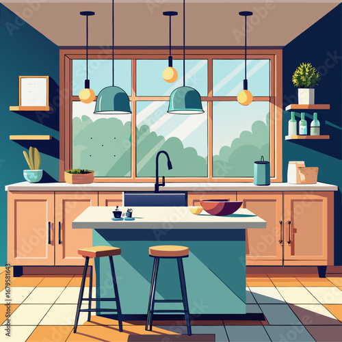Modern flat vector kitchen interior design with large window and island