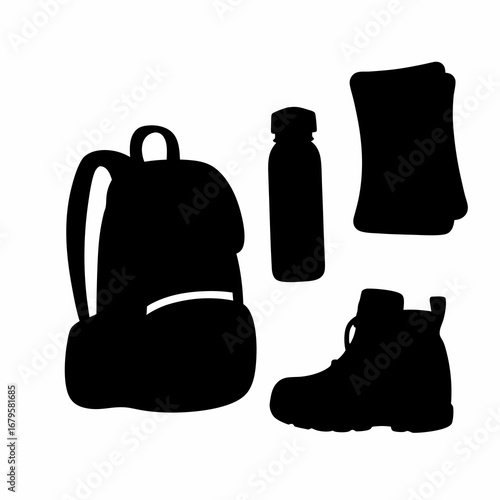 Black silhouette of hiking gear including backpack, water bottle and boots