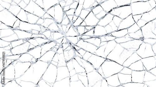 Cracked shattered glass pattern with spider web cracks on white background. 