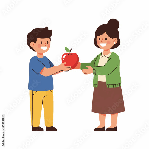 Student boy giving apple to female teacher, a thoughtful gesture for World Teacher's Day appreciation, education gratitude concept.