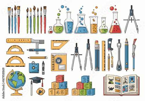 World Teacher's Day Education Supplies: Science, Art, Math Tools, School & Learning Items Vector Set