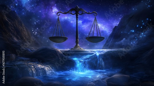Libra's scales glowing in a serene midnight sky, balanced perfectly with Aquarius' flowing water stream. 