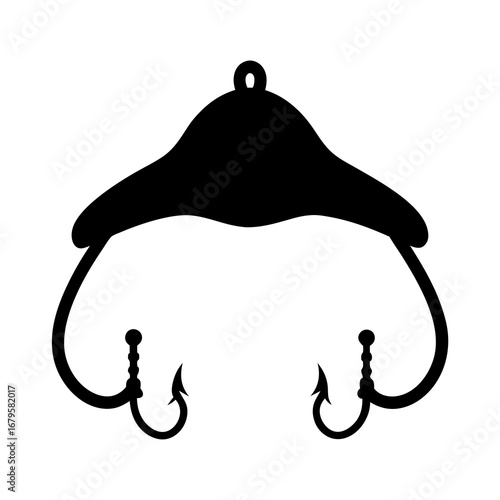 Monochrome illustration depicting a saddle with fishing hooks hanging beneath it