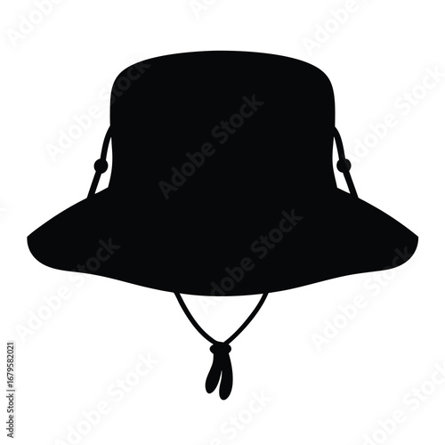 Isolated black silhouette of a bucket hat with chin strap on white