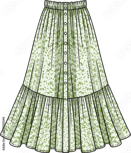 Tiered green skirt vector, button-down fashion illustration, floral pattern design, gathered waistband, flowy silhouette, garment sketch, clothing template, apparel art