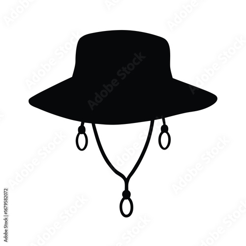 Silhouette of a black sun hat with a chin strap and toggles