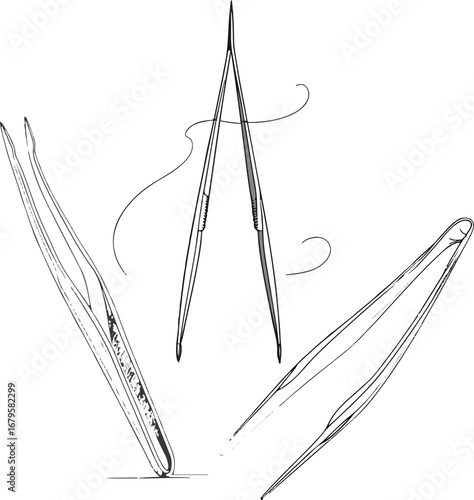Line art tweezers tool, clean abstract doodle style, minimal thin outline vector