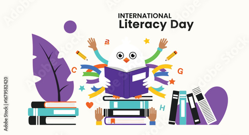 Celebrate literacy day with a joyful reading illustration featuring books and a happy character in vibrant colors vector art