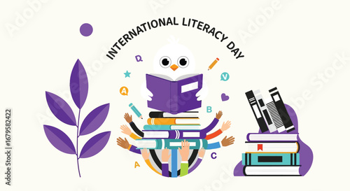 Vibrant vector illustration of open book with knowledge symbols and artistic elements promoting learning and creativity