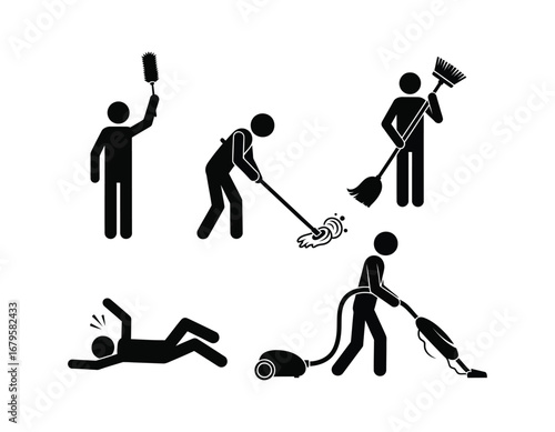 Pictogram Set Illustrating Various Cleaning Activities Stick Figures with Duster Mop Broom Vacuum and Person Slipping on Wet Floor