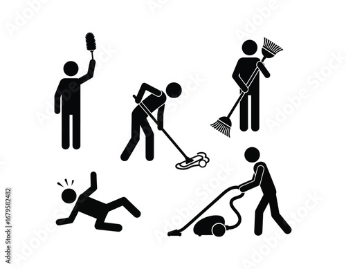 Cleaning Pictograms Depicting Various Tasks and Accidents Simple Black and White Icons Showcasing Hygiene and Cleaning Mishaps