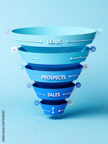 Sales funnel diagram with stages leads, prospects, and sales, depicted as stacked blue bowls on a light blue background, illustrating marketing and business process