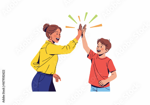Happy World Teacher's Day illustration: joyful female teacher and young student high-fiving, celebrating achievement and positive learning.