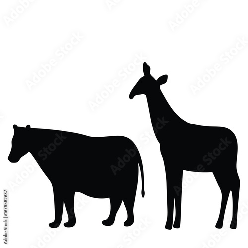 Silhouette of a cow and okapi standing side by side in black