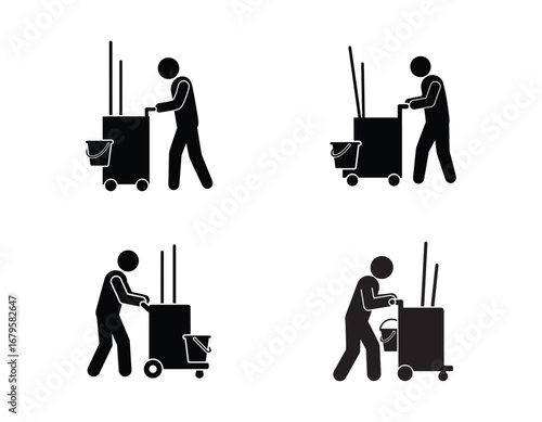 Janitorial Pictograms Showcase Cleaning Professionals Pushing Cleaning Carts with Buckets and Mops in Black and White Minimalist Style