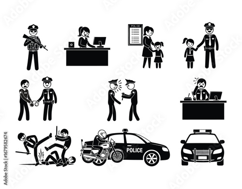 Illustrations Depicting Law Enforcement Scenarios Including Police Station Interaction Arrests and Patrol with Cars and Motorcycles
