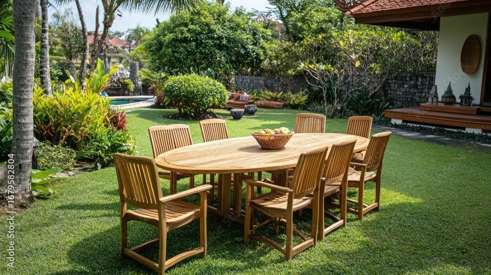 Fototapeta premium Teak oval table with stacking chairs on lawn and garden backdrop