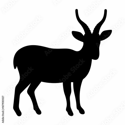 A black silhouette of an Impala gracefully stands against a white background