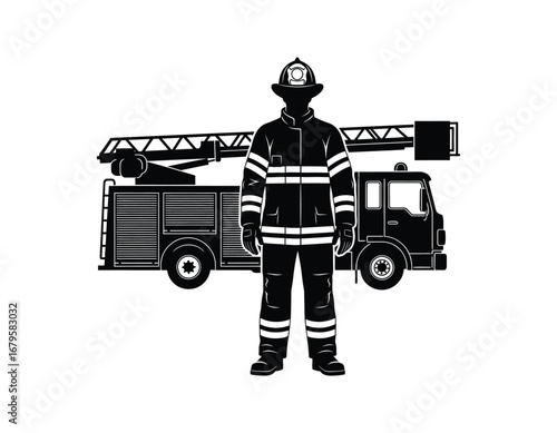 Silhouette of a Firefighter Standing Proudly in Front of a Firetruck Symbolizing Courage and Community Service in Emergency Situations