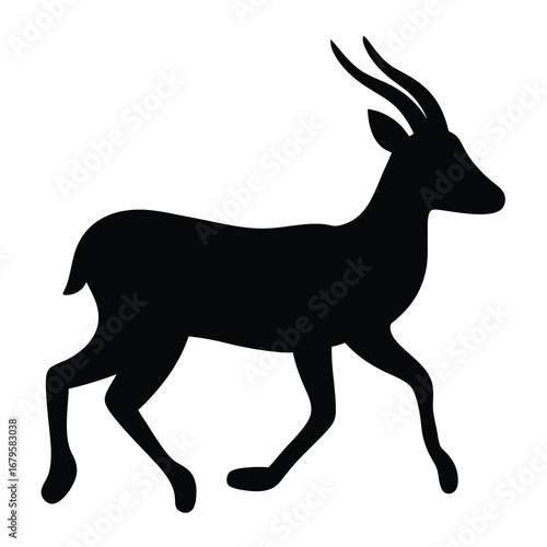 Black silhouette of an antelope, gracefully walking on a white background