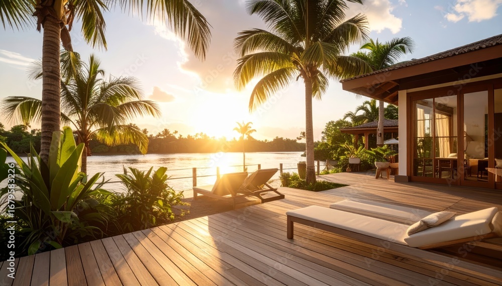 Fototapeta premium Serene Tropical Sunset Over Water with Lounge Chairs and Palms