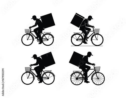 Silhouetted Cyclists Delivering Packages on Bicycles with Front Baskets, a Symbol of Sustainable Transportation and Local Commerce