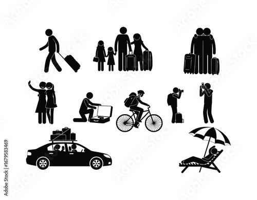 Diverse Travelers Portrayed in Stick Figures Engaging in Various Activities Like Posing, Cycling, Resting, and Traveling with Luggage
