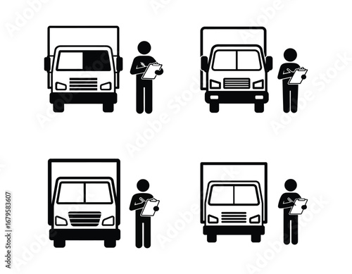 Inspection Day Pictograms Showing Trucks with Inspectors, Illustrating Logistics and Verification for Delivery Services, Transportation and Supply Chain Oversight