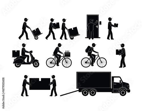 Delivery Service Pictograms Variety of Transport Methods and Actions Depicting Delivery People Delivering Boxes and Packages