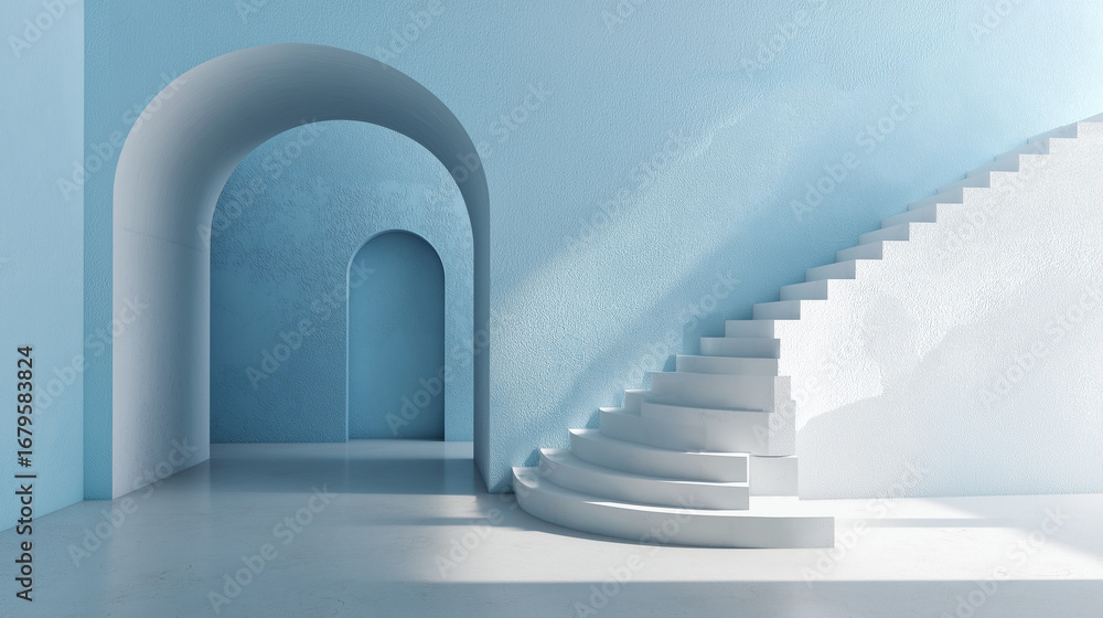 Fototapeta premium A white circular staircase spirals gracefully against a light blue background, creating a minimal, airy, and architecturally elegant scene.