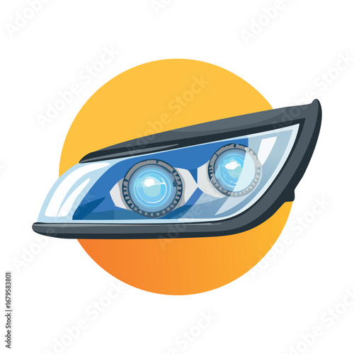 Flat vector illustration of a modern car headlight with blue projector lamps, bold automotive part design, isolated on a yellow circle