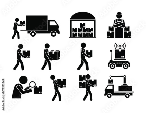 Delivery Process Pictograms Showing Shipping Transportation and Inspection Representing Logistics in Supply Chain and Transportation Technology
