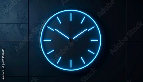 Wallpaper Mural Futuristic concept of time with a minimalist glowing blue neon clock face on a dark textured concrete wall, representing deadlines and passing moments Torontodigital.ca