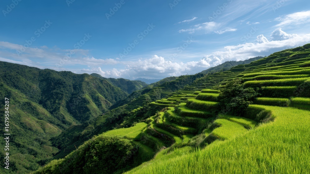 Fototapeta premium Lush green rice terraces cascading down hillsides under a bright sunny sky
