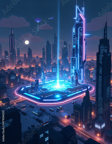 Futuristic Cityscape at Night: Neon Glow, Flying Vehicles, and Central Data Core.