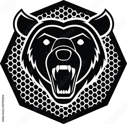 Vector art of fierce black and white illustration of a bears head with an open mouth and sharp teeth, set within a hexagonal frame with honeycomb pattern
