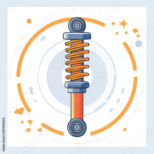 Flat vector illustration of an automotive shock absorber with coil spring, a car suspension system component, clean line design