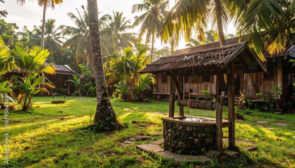 Fototapeta premium Tranquil Garden with Well and Palm Trees in Soft Morning Light
