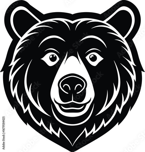 Vector art of a friendly black and white illustration of a bears head, featuring a smiling expression and clear outlines, perfect for childrens books or playful branding