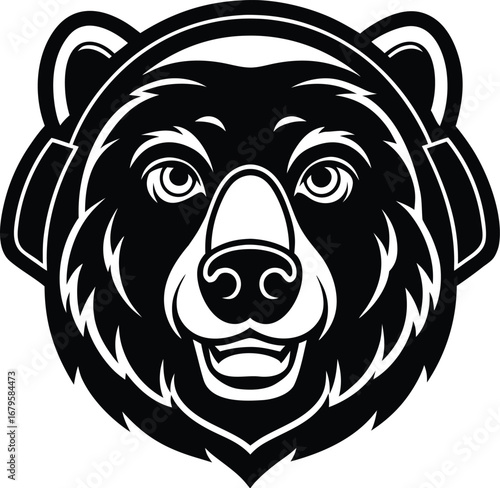 Vector art of cool bear wearing headphones, a black and white graphic of a bears head with headphones on, suggesting music, djing, or a love for sound