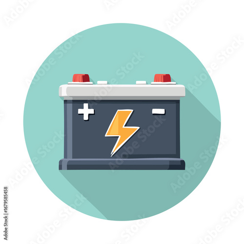 Vector illustration of an automotive battery, a crucial power source for vehicle ignition and electrical systems, depicted in a modern flat design