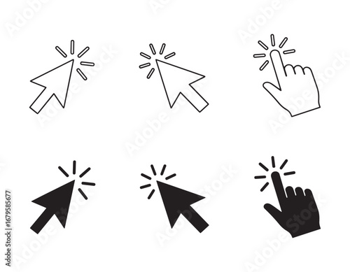 Clicking Icons Set Depicting Cursor and Hand Gestures for Digital Interaction and User Interface Design Elements Showcase