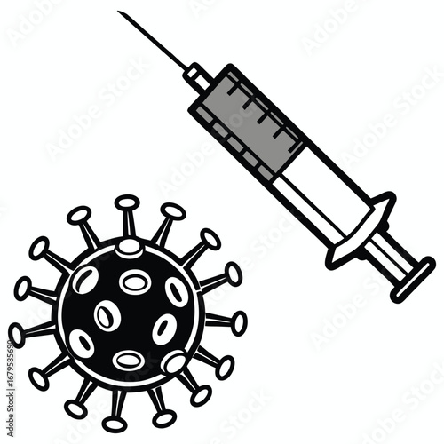 Cartoon illustration of a virus particle next to a medical syringe with liquid representing vaccination or treatment