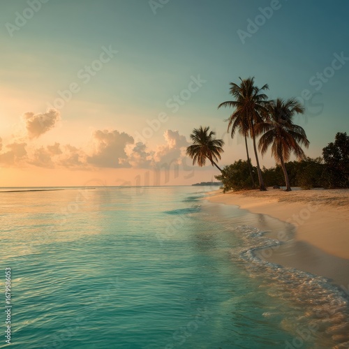 Serene tropical beach paradise at sunset with palm trees gentle waves and golden horizon