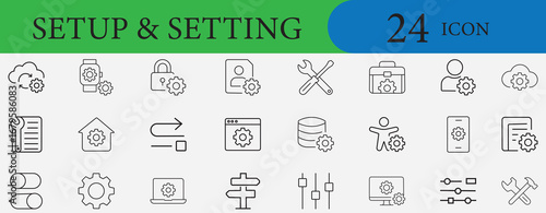 Setup and Setting icon pack with gear, system, configuration, control, optimization, technology, management, vector design for web