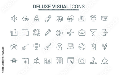 Social media likes and design of authors portfolio and blog, digital product thin black outline symbols vector illustration. Video and audio content production services line icons set.