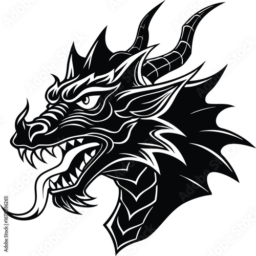 Vector art of a dynamic black and white illustration of a dragons head in profile, showcasing its fearsome features like horns, sharp teeth, and a forked tongue, isolated on a